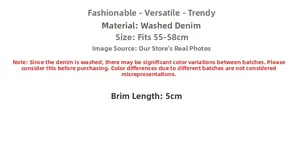 Size guide for washed denim bucket hat with 55-58cm circumference and 5cm brim detail