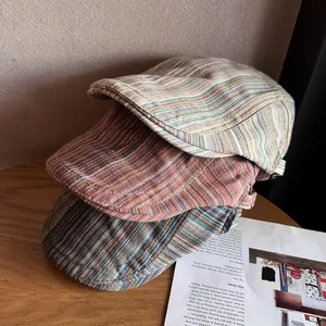 Coppola a Righe Retro Britannico in Misto Cotone Regolabile Tesa Corta Cappello Newsboy per Uomo Donna Moda Traspirante Casual