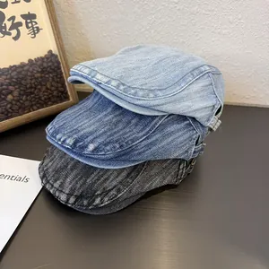 Vintage Washed Denim Flat Cap Men Women Y2K Retro Adjustable Forward Hat Casual Distressed Cotton Beret Duck Tongue Hat