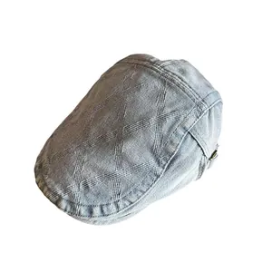 Vintage light blue denim flat cap with quilted stitching and adjustable buckle