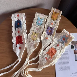 Bohemian Handmade Knitted Flower Headband For Women Crochet Floral Bandana Hairband With Adjustable Tie Hair Accessories
