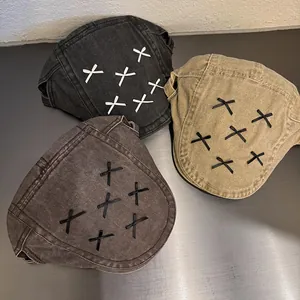 Y2K denim beret caps with bow decorations in dark grey, brown, and khaki colors