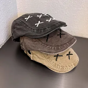 Women Y2K Bow Newsboy Cap Washed Cotton Retro Distressed Beret Hat Fashion Commuter Flat Cap Adjustable Sun Hat For Girls