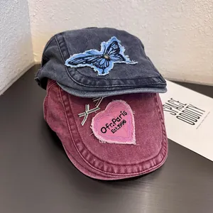Vintage Washed Denim Newsboy Hat For Women Distressed Heart Butterfly Embroidered Patch Beret Forward Cap Casual Daily Headwear