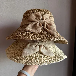 Women Foldable Paper Straw Sun Hat Big Brim Beach Vacation Bow Decor Breathable Fashionable Summer Sunshade Cap For Ladies