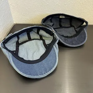 Washed denim vintage heart beret cap for women in light and dark blue cotton fabric