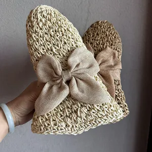 Foldable wide brim straw hat with large bow decoration for summer beach sun protection