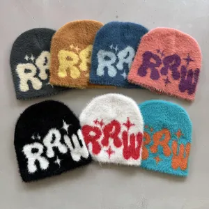 Nerzimitat Beanie Mütze RRW Buchstabe Stern Muster Flauschig Warme Strickmütze Für Damen Herren Streetwear Mode Winter Zubehör