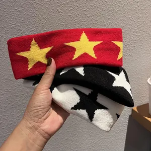 Three-piece knitted star headbands in red, black, and white for sports and street style