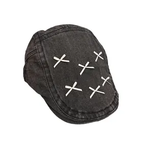 Washed denim beret hat with white bow accents in Y2K style for a vintage look