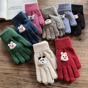 Cute Cartoon Animal Knitted Full Finger Gloves For Women Winter Warm Windproof Thickened Fleece Lined Outdoor Mittens Gift