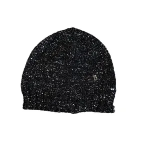 Fashionable black sequin beanie with silver metal B letter detail for women