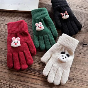 Cute Korean style knitted five-finger gloves with 3D cartoon animal patches for winter