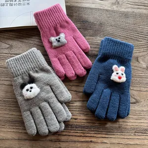 Cute cartoon knitted five-finger gloves in pink, gray, and blue for winter warmth