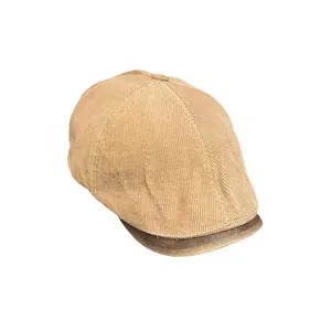 Retro corduroy flat cap in light brown with dark contrast brim for men and women