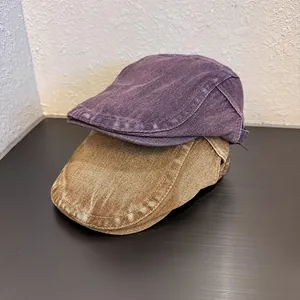 Berretti piatti in denim lavato retrò viola e kaki con design vintage regolabile