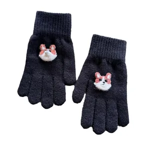 Cute black knit full-finger gloves featuring 3D orange corgi plush doll decorations