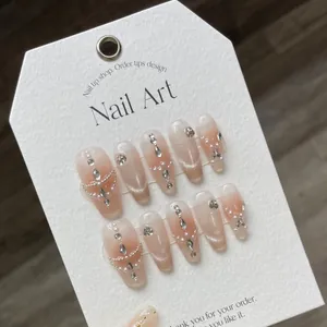 Handmade Blush Cat Eye Press On Nails With Pearls Rhinestones Coffin Shape Gradient Nude Pink Reusable False Nails For Women