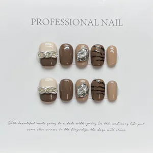 Brown sugar latte coffee press-on nails with silver chains and tiger pattern