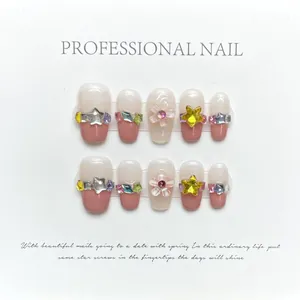 Handmade French press-on nails with yellow bubbles, aurora glitter, and 3D floral accents