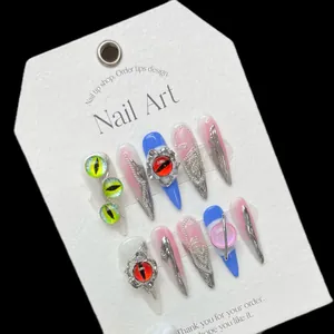 Handmade Long Stiletto Press-on Nails Dark Gothic Evil Eye Design With Silver Metal Chain 3D Resin False Nails For Women