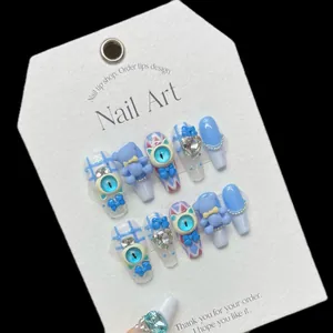Hand Painted Blue White Press On Nails With 3D Bear Heart Rhinestone Sweet Cool Bow Checkerboard Handmade False Nails For Women