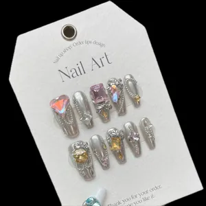 Silver Mirror Press On Nails Handmade Heart Rhinestone Chain Y2K Cool Girl Long Coffin Fake Nails Glue On Nails Decor