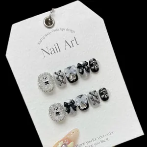Handmade Press On Nails Y2K Goth Style Black Glitter 3D Bow Heart Bear Cross Decoration False Nails For Women Art Tips