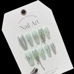 Handmade Light Mint Green Silver Mirror Press On Nails With Metal Chain Butterfly Pattern Luxury Chinese Style Detachable Fake Nails For Women
