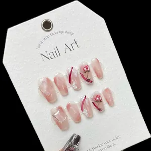 Handmade Press On Nails With 3D Rose Flower Marble Design Rhinestone Pink White Elegant Fake Nails For Women Daily Party