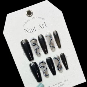 Handmade Coffin Press On Nails 3D Snake Design Marble Ink Pattern Black Cool Dark Style Women Fashion Nail Art Decoration