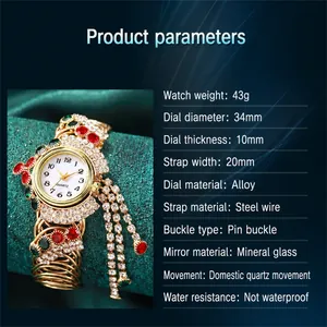 Detail of luxury gold quartz watch with rhinestones, tassels and jewelry steel band