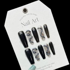 Handmade press-on nails with 3D black snake design and gradient patterns, 10 pieces set