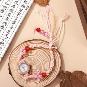 Orologio da Polso da Donna Bohémien Intrecciato a Mano Strass Lega Quadrante Rotondo Perline Nappa Cinturino Quarzo Moda Etnico Orologio Decorativo
