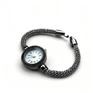 Elegant women's quartz watch with black mesh strap, Roman numerals and crystal bezel