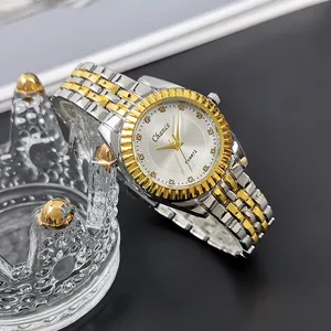 Fashion quartz watch with two-tone silver gold steel band and sunray dial