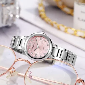 Elegant silver stainless steel ladies watch with a pink radial dial and crystal markers