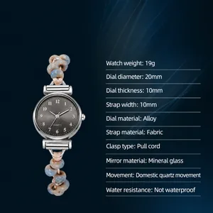 Detalle de reloj retro con correa de cuentas con dimensiones y especificaciones técnicas