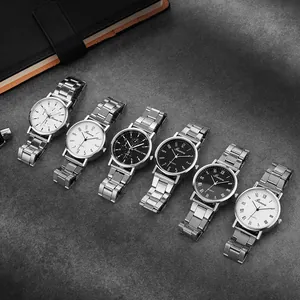 Minimalist stainless steel men's quartz watches set with various dial styles on stone surface