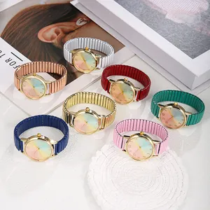 Women's elastic metal strap quartz watch set with colorful rainbow dial and round gold cases