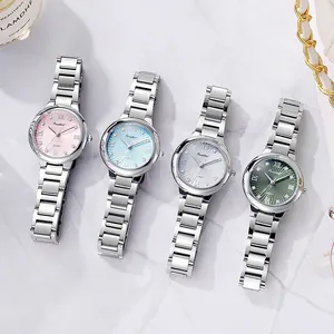 Luxury women's steel watches with diamond-set dials in four vibrant colors