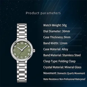 Detail specifications of luxury women's steel watch with sparkling avocado green sunray dial