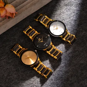 Three variants of quartz watches with metal link bracelets and sparkling crystal accents