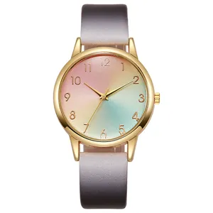 Montre à quartz pour femme avec dégradé arc-en-ciel et bracelet en cuir violet