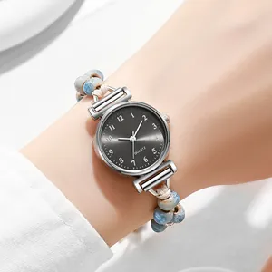 Reloj de pulsera vintage con cuentas para mujer con movimiento de cuarzo y cuentas azules