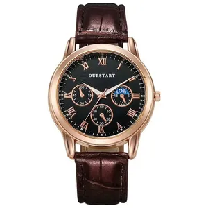 Macro view of OURSTART men's watch with rose gold case, black dial and brown leather strap