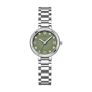 Elegant ladies quartz watch with avocado green sunray dial and silver steel link strap