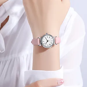 Close-up of elegant small dial women watch with roman numerals and pink leather strap