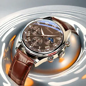 Macro shot of brown leather quartz watch with moon phase and chronograph dials