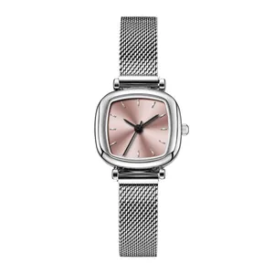 Elegant women's watch with square pink sunray dial and silver Milanese mesh strap